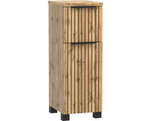 Meuble de salle de bain aspect chêne avec des lattes verticales noires, deux portes et des poignées noires.