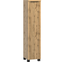 Armoire haute étroite aspect chêne avec lattes verticales noires sur la porte et pieds noirs.