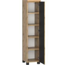 Armoire haute avec corps décor bois, quatre étagères, une porte noire ouverte et des pieds noirs.