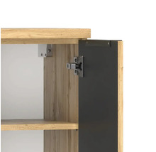 Vue détaillée d une charnière de meuble sur une porte noire et un caisson aspect bois.