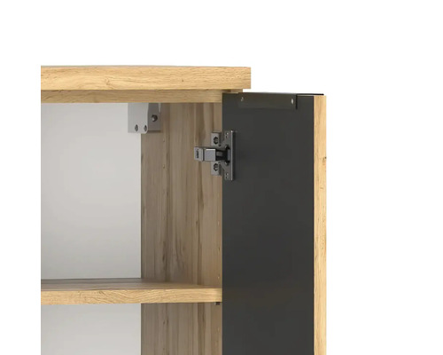 Vue détaillée d une charnière de meuble sur une porte noire et un caisson aspect bois.