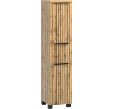 Armoire haute décor chêne avec lamelles verticales noires et trois portes.