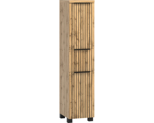 Armoire haute décor chêne avec lamelles verticales noires et trois portes.