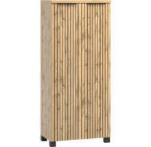 Armoire polyvalente à deux portes en aspect chêne avec design à lamelles noires et poignées noires.