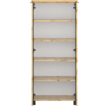 Étagère ouverte aspect bois avec côtés en métal noir et cinq tablettes.