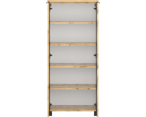 Étagère ouverte aspect bois avec côtés en métal noir et cinq tablettes.