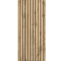 Panneau acoustique avec lattes de bois verticales aspect chêne et espaces noirs.