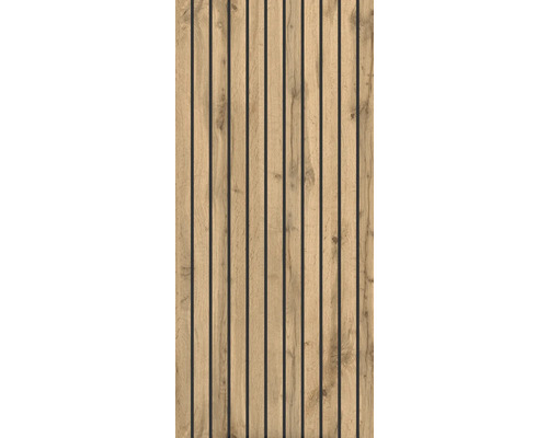 Panneau acoustique avec lattes de bois verticales aspect chêne et espaces noirs.