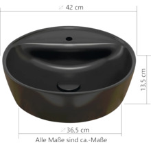 Rundes schwarzes Aufsatzwaschbecken mit Masse: Durchmesser oben 42 cm, unten circa 36,5 cm, Höhe circa 13,5 cm. Alle Masse sind circa Masse.
