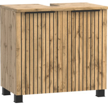 Meuble sous-vasque aspect chêne avec lattes verticales noires, deux portes et poignées noires.