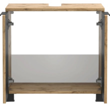 Cadre de meuble sous-lavabo en décor bois avec éléments en métal noir et découpe pour siphon