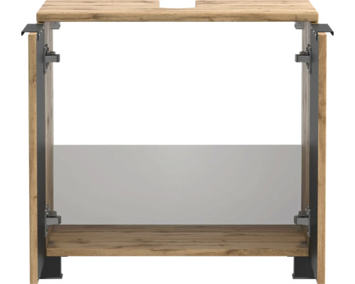 Cadre de meuble sous-lavabo en décor bois avec éléments en métal noir et découpe pour siphon