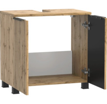 Meuble sous-lavabo aspect chêne avec façade à lamelles, pieds noirs et une porte ouverte.