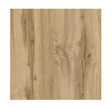 Vue rapprochée d'un revêtement de sol aspect chêne avec veinage naturel et nœuds.