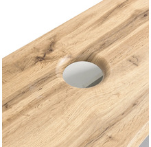 Waschtischplatte in Holzoptik mit runder Ausschnittbohrung für Armaturen.