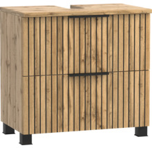 Meuble sous-vasque aspect bois avec façade à lamelles, deux tiroirs avec poignées noires, pieds noirs et découpe pour siphon.