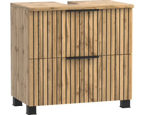 Meuble sous-vasque aspect bois avec façade à lamelles, deux tiroirs avec poignées noires, pieds noirs et découpe pour siphon.