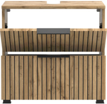 Meuble sous-vasque aspect chêne avec design à lamelles et poignées noires, le tiroir supérieur est ouvert.