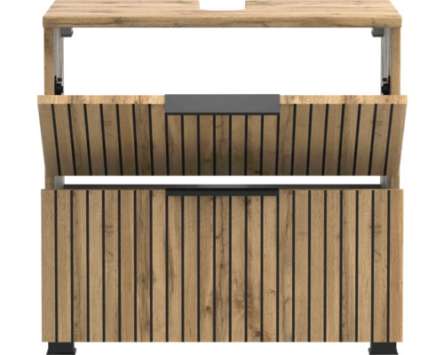 Meuble sous-vasque aspect chêne avec design à lamelles et poignées noires, le tiroir supérieur est ouvert.