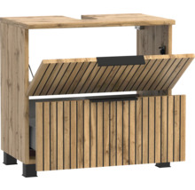 Meuble sous-vasque aspect chêne avec façade à lamelles, poignées et pieds noirs.