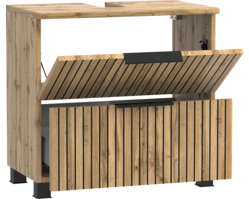 Meuble sous-vasque aspect chêne avec façade à lamelles, poignées et pieds noirs.