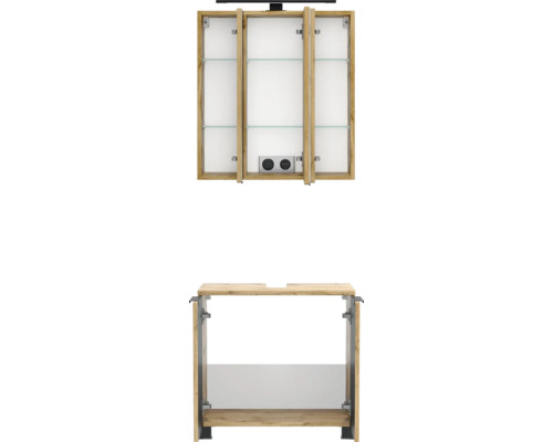 Set aus Spiegelschrank mit Glasböden, Beleuchtung und Steckdose sowie einem Waschtischunterschrank in Eiche-Optik.
