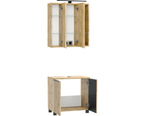 Badezimmer-Möbelset aus Holzoptik mit offenem Spiegelschrank inklusive Glasböden und Beleuchtung sowie Waschtischunterschrank mit Lamellenfront.