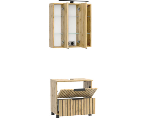 Badezimmermöbel-Set in Holz-Optik mit dreitürigem Spiegelschrank inklusive Beleuchtung und Waschbeckenunterschrank mit Lamellen-Design.