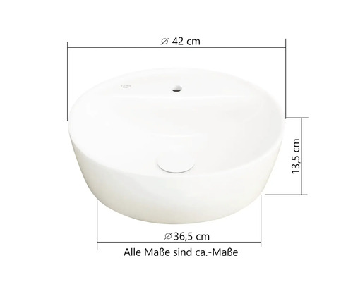 Rundes Aufsatzwaschbecken mit Maßen: Durchmesser oben circa 42 Zentimeter, unten circa 36,5 Zentimeter, Höhe circa 13,5 Zentimeter.