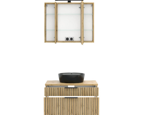 Badmöbel-Set mit offenem Spiegelschrank, schwarzem Aufsatzwaschbecken und Waschtischunterschrank in Holzoptik mit Lamellenfront.
