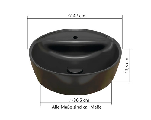 Rundes schwarzes Aufsatzwaschbecken: Durchmesser oben 42 Zentimeter, unten 36,5 Zentimeter, Höhe 13,5 Zentimeter. Maße sind circa Maße.