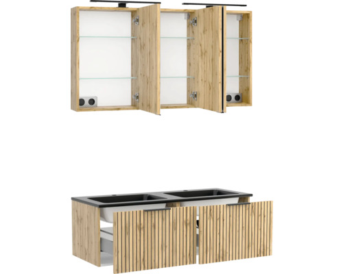 Badmöbel-Set in Eiche-Optik mit Doppelwaschtisch in Anthrazit und dreitürigem Spiegelschrank inklusive LED-Beleuchtung und Glaseinlegeböden.