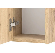Nahaufnahme eines silberfarbenen Möbelscharniers an einem Schrank in Eichenoptik mit geöffneter Tür.