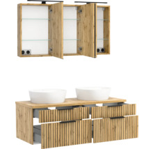Badezimmermöbel Set mit Doppelwaschtisch in Eiche Optik, vier Schubladen mit Lamellenfront, zwei Aufsatzbecken und offenem Spiegelschrank.