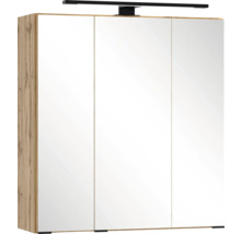 Armoire de toilette à trois portes avec corps aspect chêne et éclairage LED noir pour salle de bains.