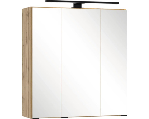 Armoire de toilette à trois portes avec corps aspect chêne et éclairage LED noir pour salle de bains.