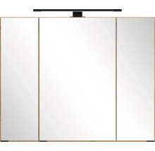 Armoire de toilette à trois portes avec éclairage noir sur le dessus.