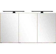 Armoire de toilette à trois portes avec deux lampes et corps aspect bois.