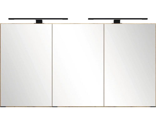Armoire de toilette à trois portes avec deux lampes et corps aspect bois.