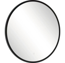 Miroir de salle de bain rond avec cadre noir et touche sensitive.