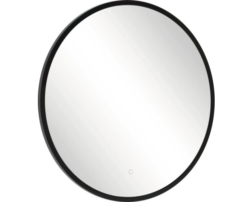 Miroir de salle de bain rond avec cadre noir et touche sensitive.