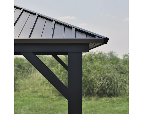 Detailansicht eines Pavillons mit Metalldach und Stützpfosten.