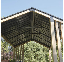 Vue détaillée du toit d'un pavillon de jardin en métal.