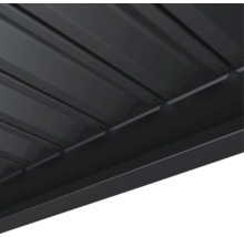 Detailaufnahme des Daches eines Gartenhauses aus Metall