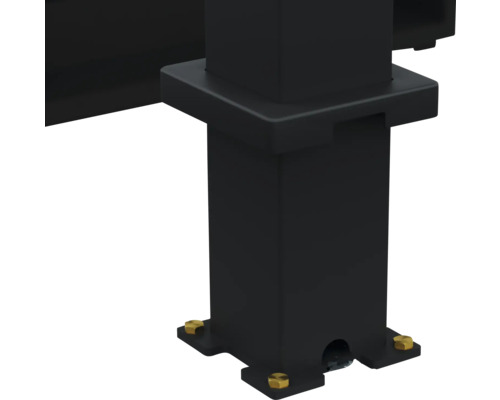 Vue détaillée d'une base de poteau métallique noire avec des vis