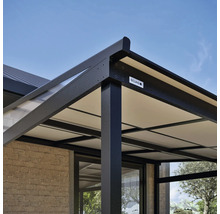 Gros plan d'un toit de terrasse avec cadre foncé et plafond clair.