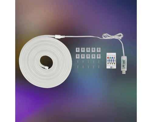 Kit de rubans LED avec télécommande, contrôleur USB, clips de fixation et vis.