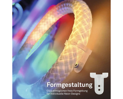 Flexibler LED Neon-Streifen in gebogener Form, befestigt mit Montageclips für individuelle Designs.