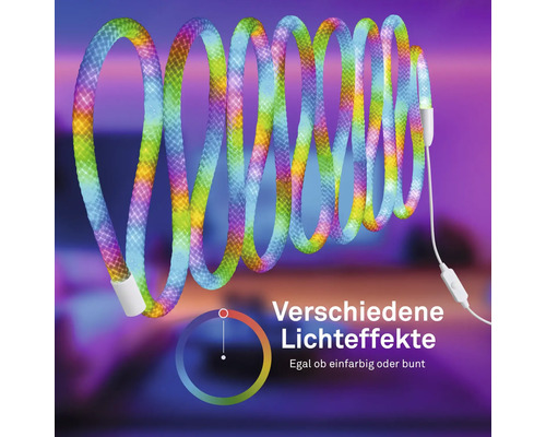 Flexibler LED Lichtschlauch mit verschiedenen Lichteffekten in Regenbogenfarben.