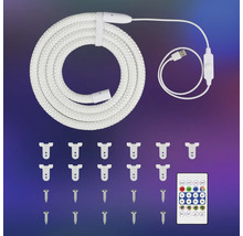 Kit de cordon lumineux LED avec connecteur USB, télécommande, clips de fixation et vis.